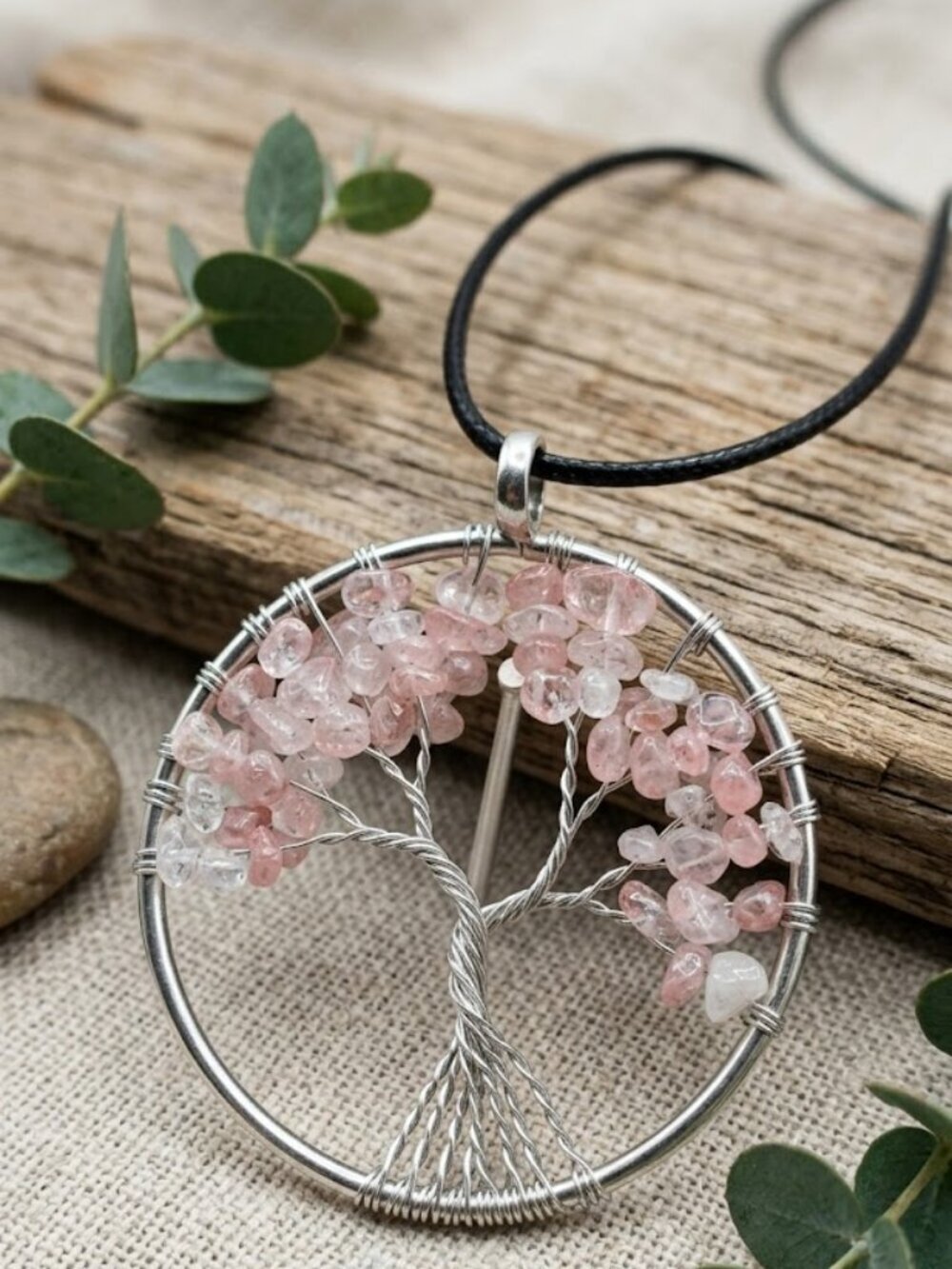 Rose Quartz Tree of Life Wire Wrapped Pendant Necklace Boho Vegan Leather